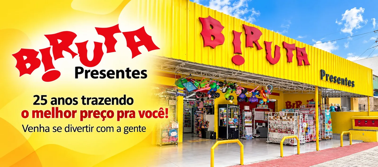 Biruta Presentes: venha se divertir com a gente. Fachada amarela da loja na Rua Canoinhas, 691A, Borda do Campo, São José dos Pinhais