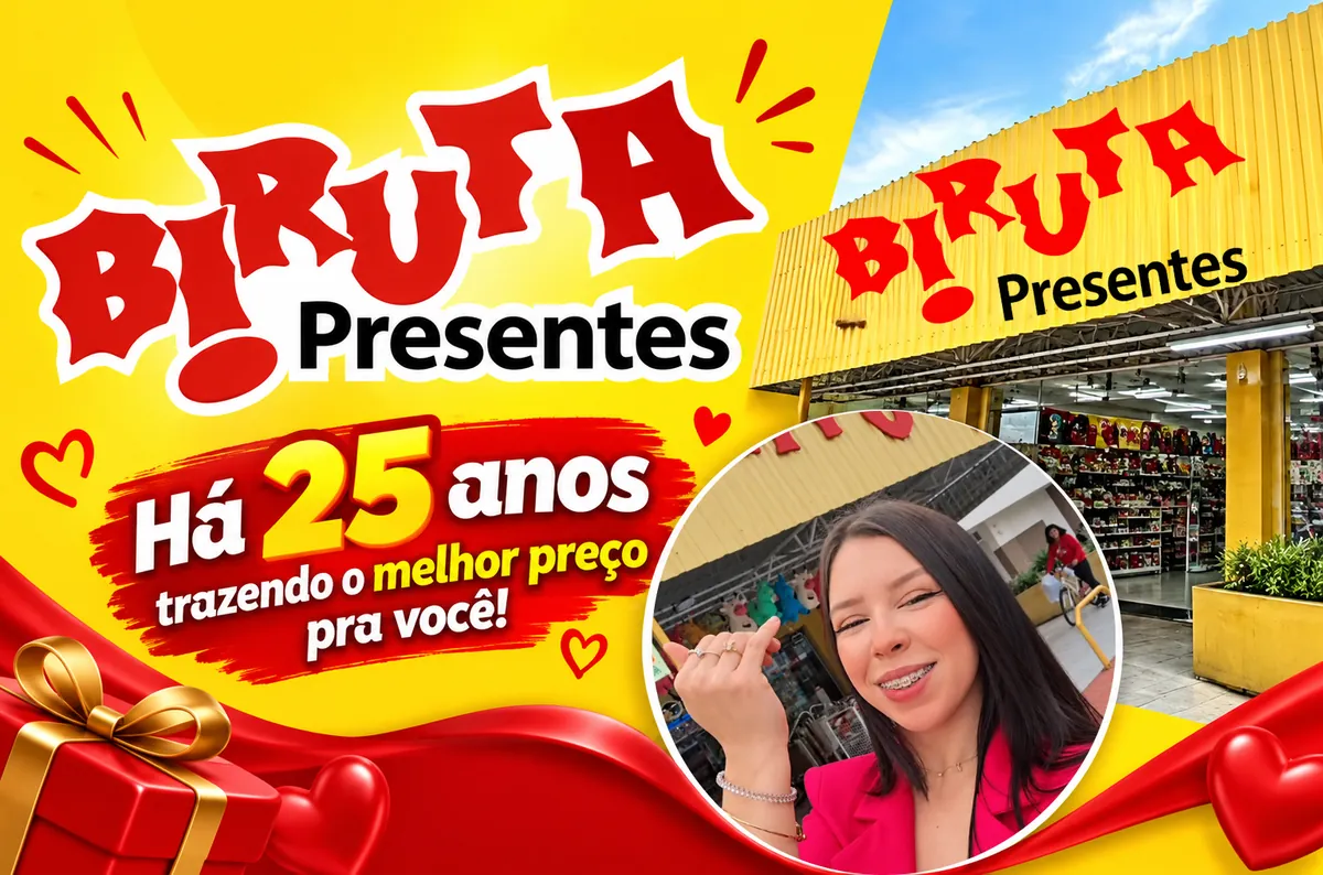 Biruta Presentes, há 25 anos trazendo o melhor preço pra você: fachada amarela da loja em São José dos Pinhais e cliente sorrindo em frente à loja